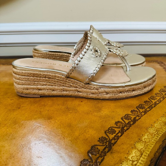 JACK ROGERS JACKS Jute Wrapped MID WEDGE Gold Leather Thong Sandals Sz 9 - Picture 4 of 15